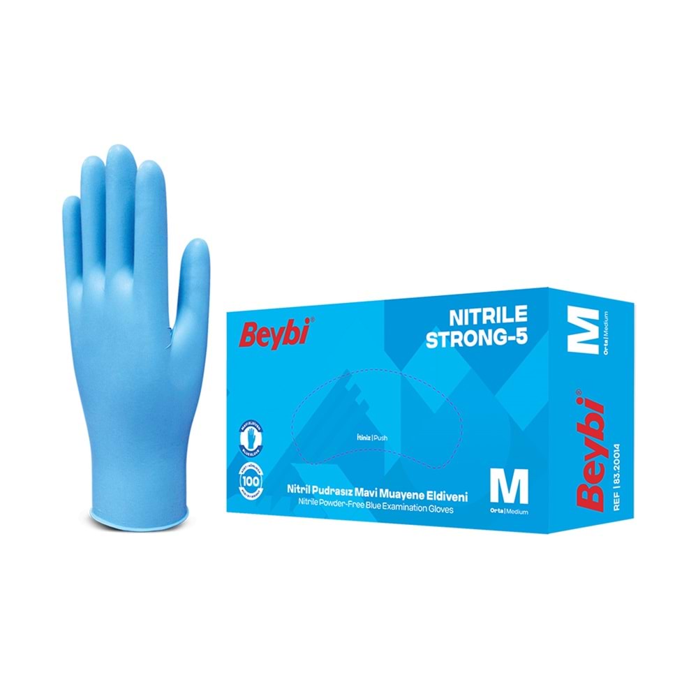 Beybi İş Eldiveni - Muayene Mavi Nitril Pudrasız Strong 5 (100lü PAKET) - M