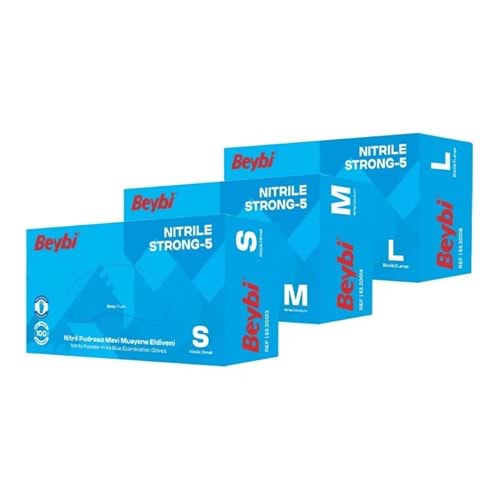 Beybi İş Eldiveni - Muayene Mavi Nitril Pudrasız Strong 5 (100lü PAKET)